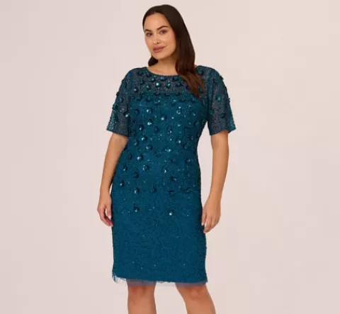 Adrianna Papell Plus Size Beaded Cocktail Dress In Teal Sapphire TEALSAPPHIRE Online