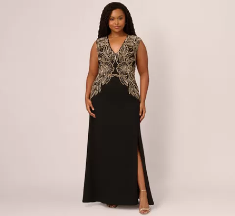 Adrianna Papell Plus Size Beaded Crepe Long Dress In BLACK Flash Sale