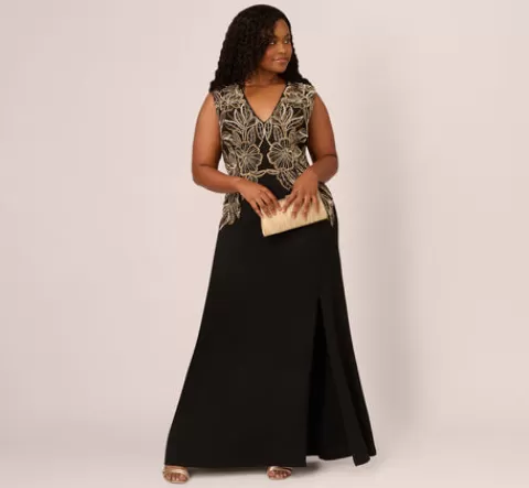 Adrianna Papell Plus Size Beaded Crepe Long Dress In BLACK Flash Sale