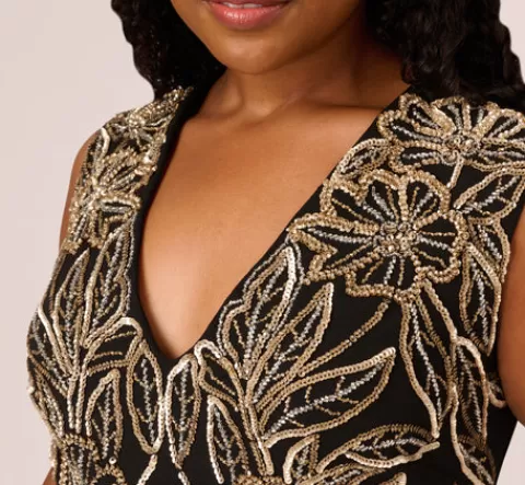 Adrianna Papell Plus Size Beaded Crepe Long Dress In BLACK Flash Sale