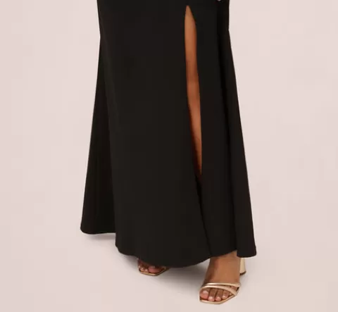 Adrianna Papell Plus Size Beaded Crepe Long Dress In BLACK Flash Sale