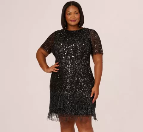 Adrianna Papell Plus Size Beaded Fringe Dress With Sheer Short Sleeves In BLACK Online