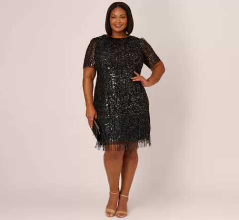 Adrianna Papell Plus Size Beaded Fringe Dress With Sheer Short Sleeves In BLACK Online