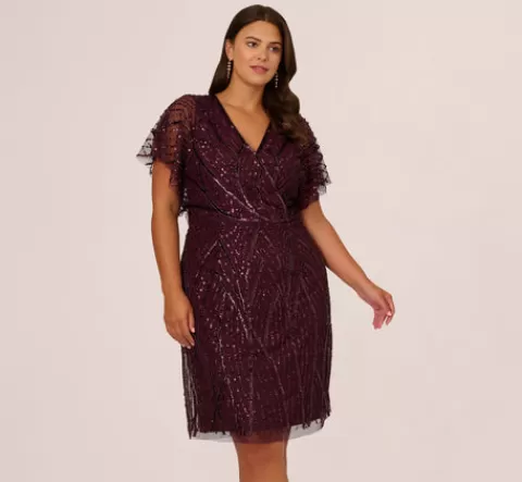 Adrianna Papell Plus Size Beaded Surplice Midi Dress With Dolman Sleeves In Deep Amethyst DEEPAMETHYST Store