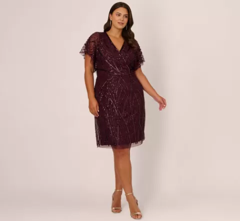 Adrianna Papell Plus Size Beaded Surplice Midi Dress With Dolman Sleeves In Deep Amethyst DEEPAMETHYST Store