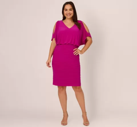 Adrianna Papell Plus Size Blouson Pintucked Dress With Cold Shoulder Sleeves In Hot Magenta HOTMAGENTA Cheap