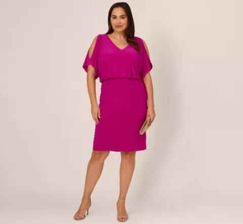 Adrianna Papell Plus Size Blouson Pintucked Dress With Cold Shoulder Sleeves In Hot Magenta HOTMAGENTA Cheap