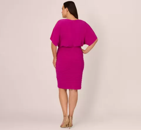 Adrianna Papell Plus Size Blouson Pintucked Dress With Cold Shoulder Sleeves In Hot Magenta HOTMAGENTA Cheap