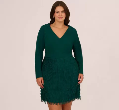 Adrianna Papell Plus Size Combo Fabric Fringe Mini Dress In Dark Ivy DARKIVY Clearance