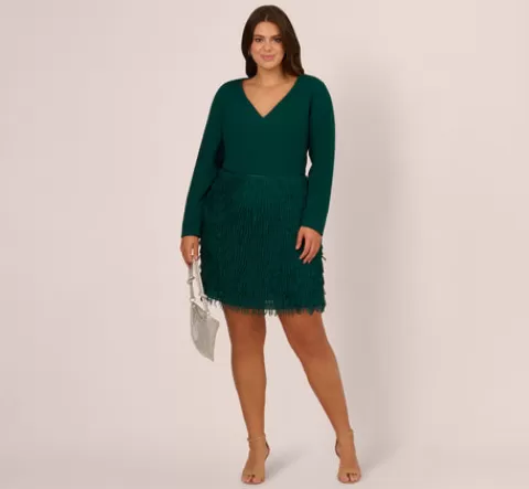 Adrianna Papell Plus Size Combo Fabric Fringe Mini Dress In Dark Ivy DARKIVY Clearance