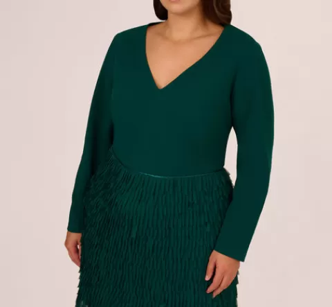 Adrianna Papell Plus Size Combo Fabric Fringe Mini Dress In Dark Ivy DARKIVY Clearance