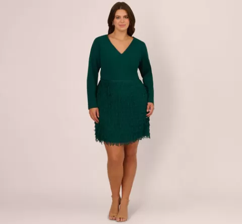 Adrianna Papell Plus Size Combo Fabric Fringe Mini Dress In Dark Ivy DARKIVY Clearance