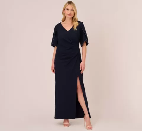 Adrianna Papell Plus Size Crepe Mermaid Gown With Pearl Trim Short Sleeves In MIDNIGHT Hot
