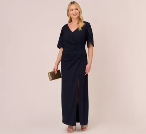 Adrianna Papell Plus Size Crepe Mermaid Gown With Pearl Trim Short Sleeves In MIDNIGHT Hot