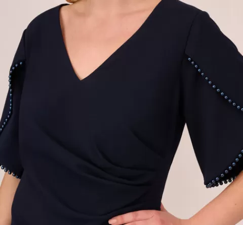 Adrianna Papell Plus Size Crepe Mermaid Gown With Pearl Trim Short Sleeves In MIDNIGHT Hot
