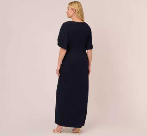 Adrianna Papell Plus Size Crepe Mermaid Gown With Pearl Trim Short Sleeves In MIDNIGHT Hot