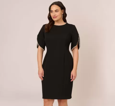 Adrianna Papell Plus Size Crepe Midi Length Sheath Dress With Pearl Trimmed Sleeves In BLACK Sale