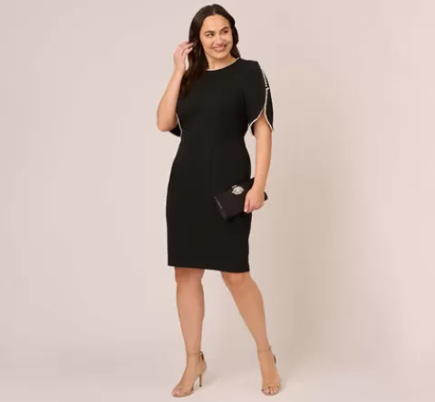 Adrianna Papell Plus Size Crepe Midi Length Sheath Dress With Pearl Trimmed Sleeves In BLACK Sale