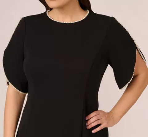 Adrianna Papell Plus Size Crepe Midi Length Sheath Dress With Pearl Trimmed Sleeves In BLACK Sale