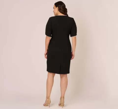 Adrianna Papell Plus Size Crepe Midi Length Sheath Dress With Pearl Trimmed Sleeves In BLACK Sale