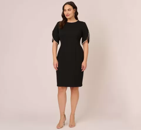Adrianna Papell Plus Size Crepe Midi Length Sheath Dress With Pearl Trimmed Sleeves In BLACK Sale