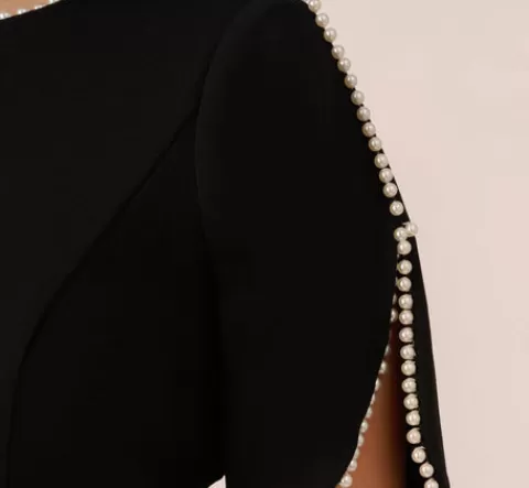 Adrianna Papell Plus Size Crepe Midi Length Sheath Dress With Pearl Trimmed Sleeves In BLACK Sale