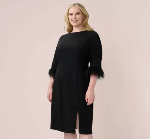 Adrianna Papell Plus Size Crepe Sheath Dress With V-Back And Feather-Trim Sleeves In BLACK New
