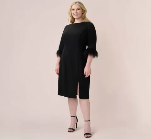 Adrianna Papell Plus Size Crepe Sheath Dress With V-Back And Feather-Trim Sleeves In BLACK New