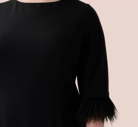 Adrianna Papell Plus Size Crepe Sheath Dress With V-Back And Feather-Trim Sleeves In BLACK New