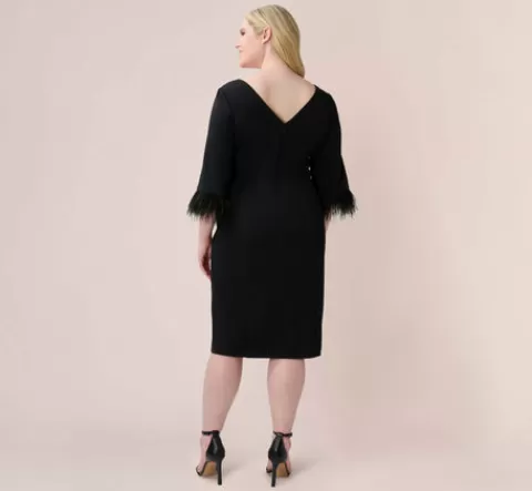 Adrianna Papell Plus Size Crepe Sheath Dress With V-Back And Feather-Trim Sleeves In BLACK New