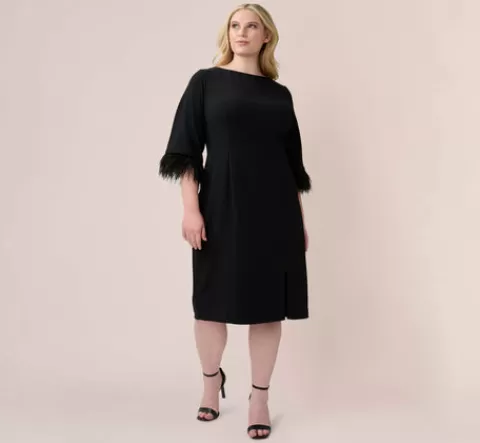 Adrianna Papell Plus Size Crepe Sheath Dress With V-Back And Feather-Trim Sleeves In BLACK New