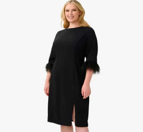Adrianna Papell Plus Size Crepe Sheath Dress With V-Back And Feather-Trim Sleeves In BLACK New