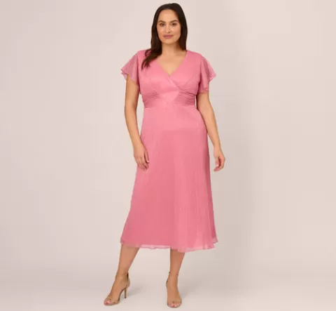 Adrianna Papell Plus Size Crinkle Mesh Midi Dress With Flutter Sleeves In Faded Rose FADEDROSE Sale