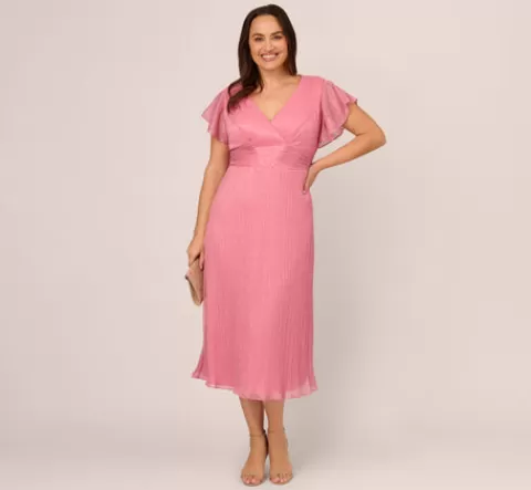 Adrianna Papell Plus Size Crinkle Mesh Midi Dress With Flutter Sleeves In Faded Rose FADEDROSE Sale