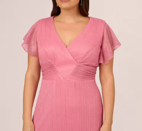 Adrianna Papell Plus Size Crinkle Mesh Midi Dress With Flutter Sleeves In Faded Rose FADEDROSE Sale