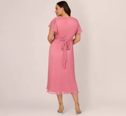 Adrianna Papell Plus Size Crinkle Mesh Midi Dress With Flutter Sleeves In Faded Rose FADEDROSE Sale