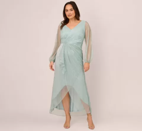 Adrianna Papell Plus Size Crinkle Metallic Gown With Sheer Bishop Sleeves And Draped Details In Mint Smoke MINTSMOKE Shop