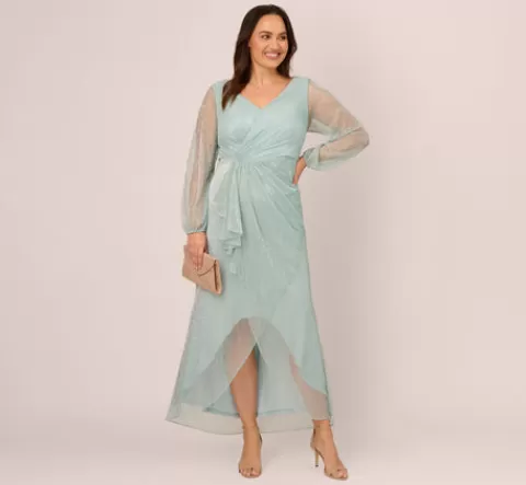 Adrianna Papell Plus Size Crinkle Metallic Gown With Sheer Bishop Sleeves And Draped Details In Mint Smoke MINTSMOKE Shop