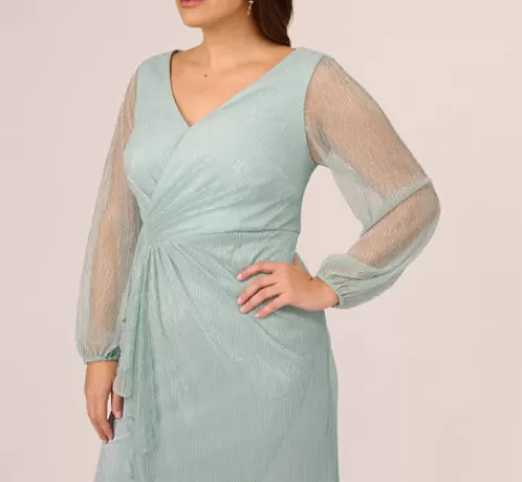 Adrianna Papell Plus Size Crinkle Metallic Gown With Sheer Bishop Sleeves And Draped Details In Mint Smoke MINTSMOKE Shop