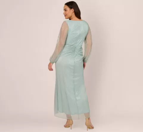 Adrianna Papell Plus Size Crinkle Metallic Gown With Sheer Bishop Sleeves And Draped Details In Mint Smoke MINTSMOKE Shop