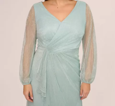 Adrianna Papell Plus Size Crinkle Metallic Gown With Sheer Bishop Sleeves And Draped Details In Mint Smoke MINTSMOKE Shop