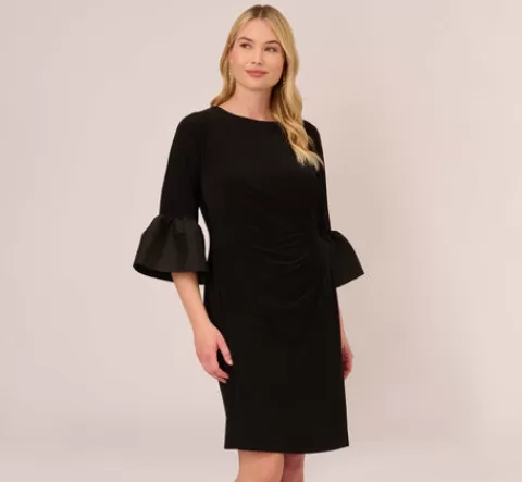 Adrianna Papell Plus Size Draped Jersey Short Sheath Dress With Bell Cuffs In BLACK Shop