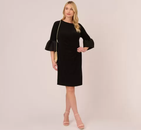 Adrianna Papell Plus Size Draped Jersey Short Sheath Dress With Bell Cuffs In BLACK Shop