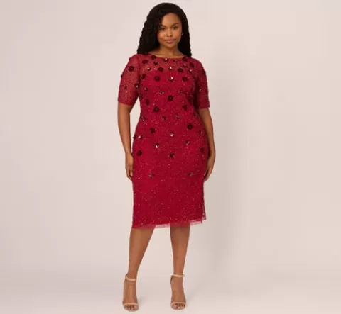 Adrianna Papell Plus Size Embellished Mesh Cocktail Dress In CRANBERRY Best Sale