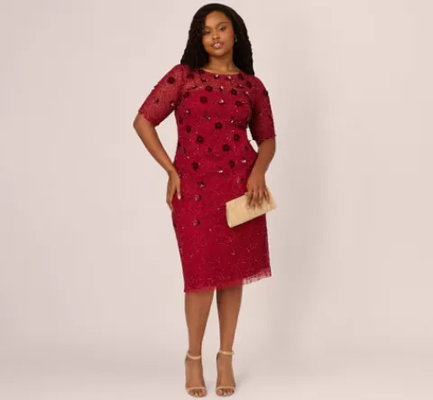 Adrianna Papell Plus Size Embellished Mesh Cocktail Dress In CRANBERRY Best Sale
