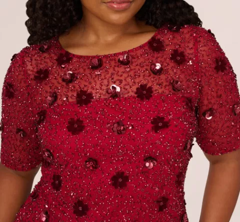 Adrianna Papell Plus Size Embellished Mesh Cocktail Dress In CRANBERRY Best Sale