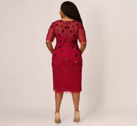 Adrianna Papell Plus Size Embellished Mesh Cocktail Dress In CRANBERRY Best Sale