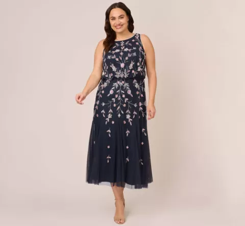 Adrianna Papell Plus Size Floral Beaded Blouson Tea Length Dress In Navy Blush NAVY-BLUSH Clearance