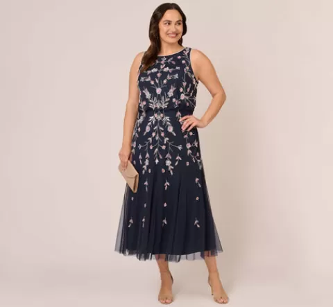 Adrianna Papell Plus Size Floral Beaded Blouson Tea Length Dress In Navy Blush NAVY-BLUSH Clearance