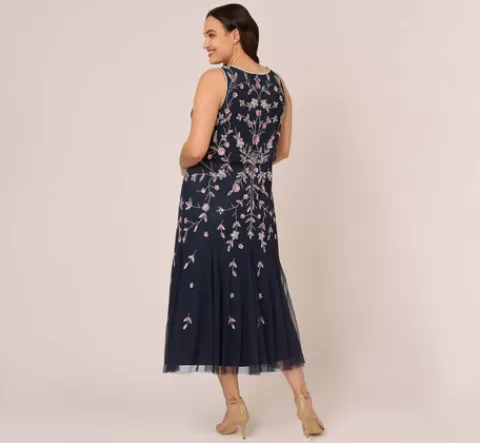 Adrianna Papell Plus Size Floral Beaded Blouson Tea Length Dress In Navy Blush NAVY-BLUSH Clearance